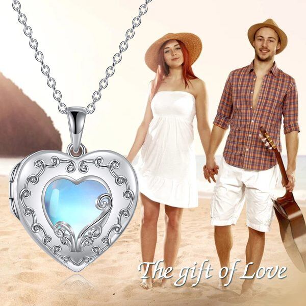 Sterling Silver Moonstone Heart Locket Necklace-2