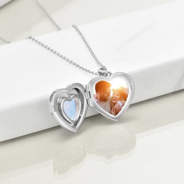 Sterling Silver Moonstone Heart Locket Necklace-3