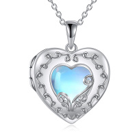 wholesale 925 Sterling Silver Blue Opal Heart Lockets Pendant Necklaces Mothers Day Gifts for Women Girls- Rhodium Plated