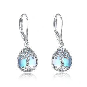 Sterling Silver Tree of Life Moonstone Drop Earrings-0