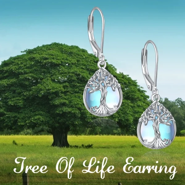 Sterling Silver Tree of Life Moonstone Drop Earrings-2