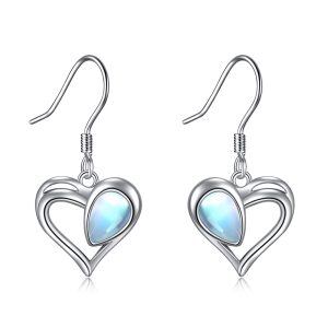 Sterling Silver Heart Moonstone Dangle Drop Earrings-0