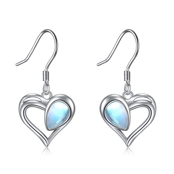 Sterling Silver Heart Moonstone Dangle Drop Earrings-0