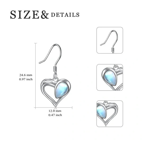 Sterling Silver Heart Moonstone Dangle Drop Earrings-1