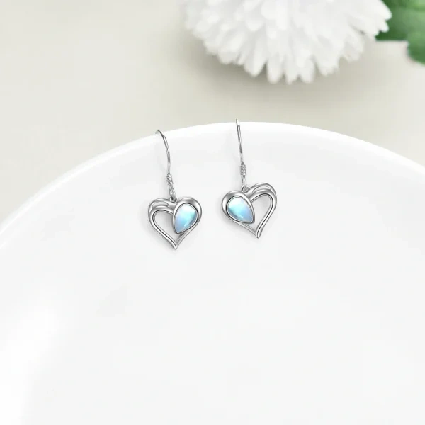 Sterling Silver Heart Moonstone Dangle Drop Earrings-4