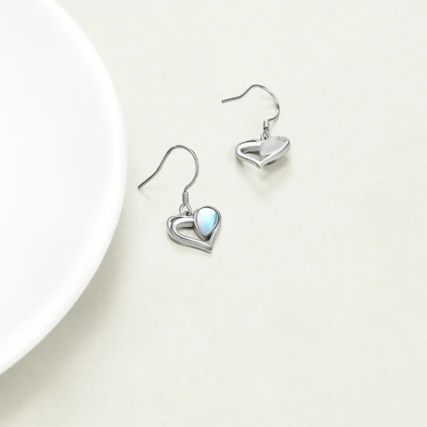 Sterling Silver Heart Moonstone Dangle Drop Earrings-5