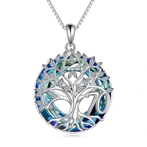 Sterling Silver Tree Of Life Pendant Necklace With Blue Crystal-0