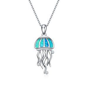 Sterling Silver Blue Opal Jellyfish Pendant Necklaces-0