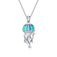 wholesale 925 Sterling Silver Blue Fire Opal Jellyfish Pendant Necklace for Women Girls Beach Jewelry Eco Gift- Rhodium Plated