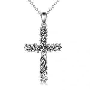 Sterling Silver Tree Cross Pendant Necklace-0