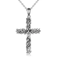 wholesale 925 Sterling Silver Cross Necklace with Vine Design - Unisex  for Her Him Mother's Day Present- Oxidized/Oxidised