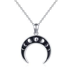 Sterling Silver Enamel Cresent Moon Pendant Necklace-0