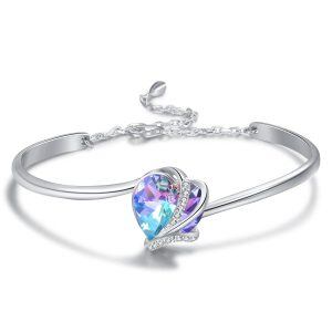 Sterling Silver Love Heart Adjustable Bangle Bracelet With Crystal-0