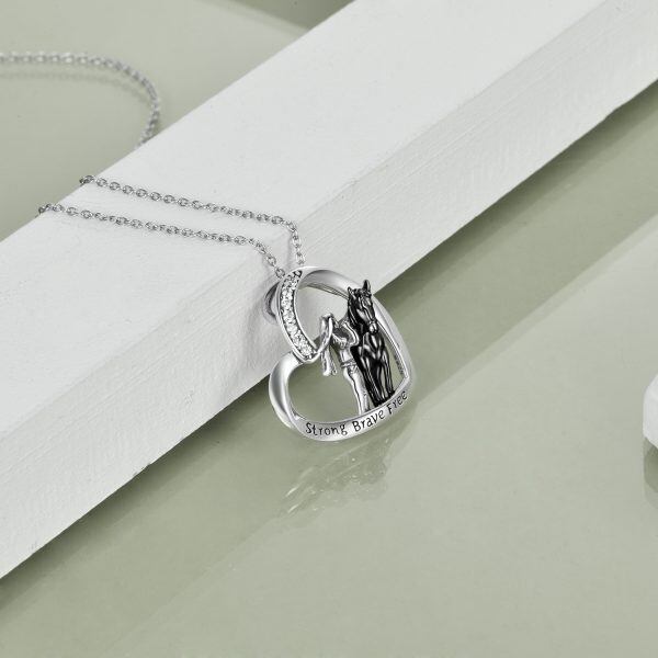 Sterling Silver Girls with Horse Pendant Necklace-3