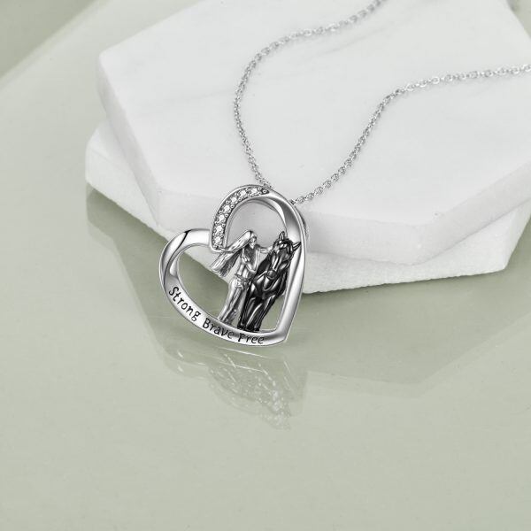 Sterling Silver Girls with Horse Pendant Necklace-4