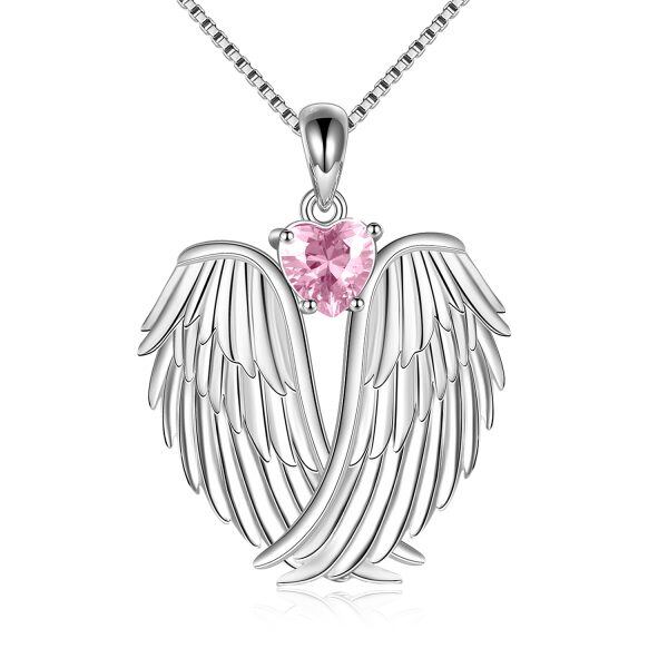 Sterling Silver Guardian Angel Wings Pendant Necklace With October Birthstone-0