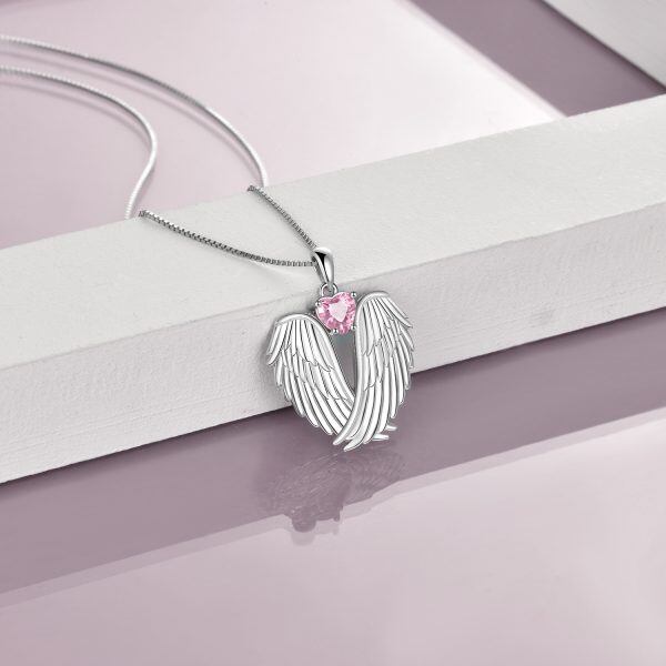 Sterling Silver Guardian Angel Wings Pendant Necklace With October Birthstone-2