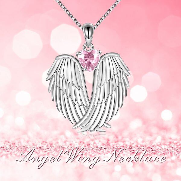 Sterling Silver Guardian Angel Wings Pendant Necklace With October Birthstone-4