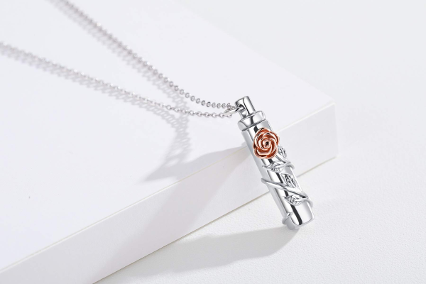 Sterling Silver Rose Cylinder Urn Necklace-3