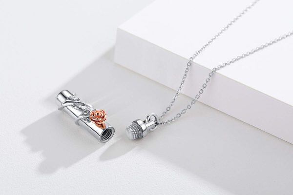 Sterling Silver Rose Cylinder Urn Necklace-4