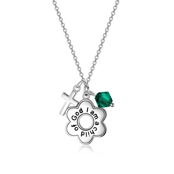 Sterling Silver Green Crystal Daisy Cross with Engraved Word Pendant Necklace-0