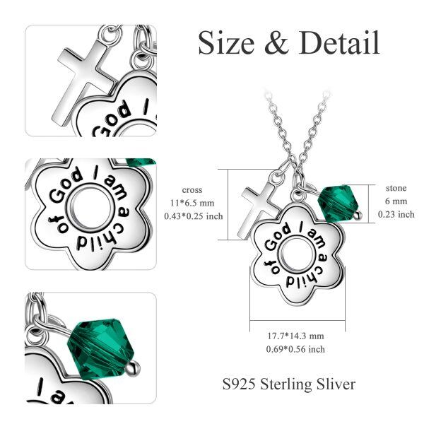 Sterling Silver Green Crystal Daisy Cross with Engraved Word Pendant Necklace-1