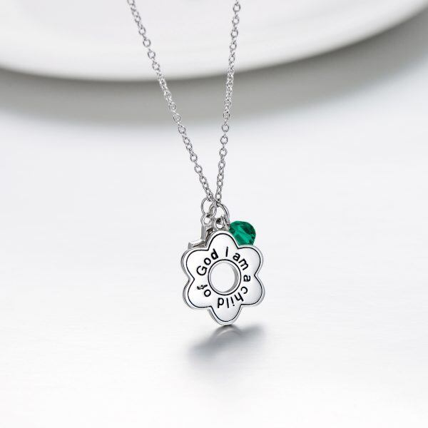 Sterling Silver Green Crystal Daisy Cross with Engraved Word Pendant Necklace-5