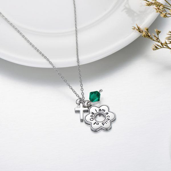 Sterling Silver Green Crystal Daisy Cross with Engraved Word Pendant Necklace-6