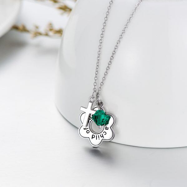 Sterling Silver Green Crystal Daisy Cross with Engraved Word Pendant Necklace-7