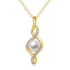 14K Solid Gold Infinity Twisted Pendant Necklace With Freshwater Pearl-0