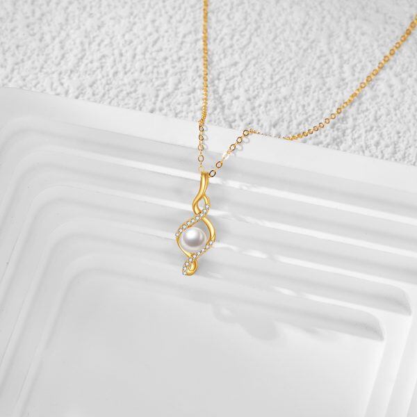 14K Solid Gold Infinity Twisted Pendant Necklace With Freshwater Pearl-2