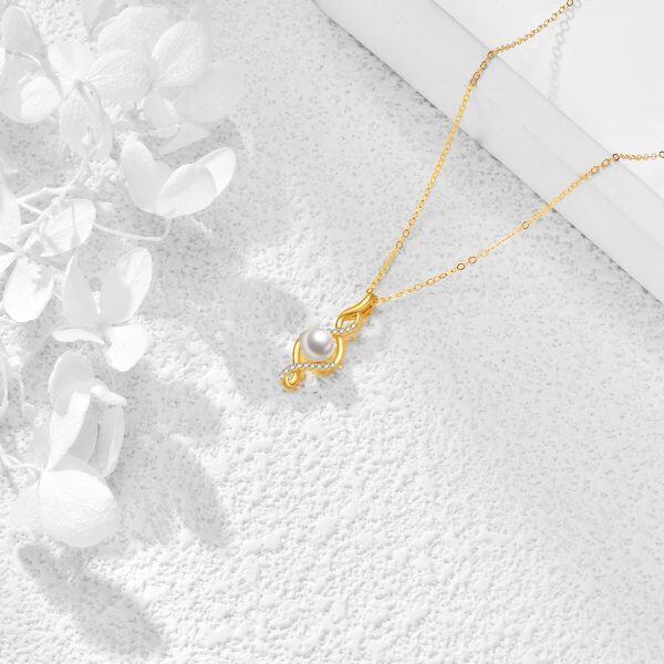 14K Solid Gold Infinity Twisted Pendant Necklace With Freshwater Pearl-3