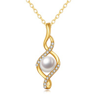 wholesale 14K Gold Infinity Love Knot Freshwater Pearl Diamond Pendant Necklace for Women's Gifts- Gold Plated