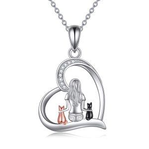 Sterling Silver Cat Heart Pendant Necklaces-0