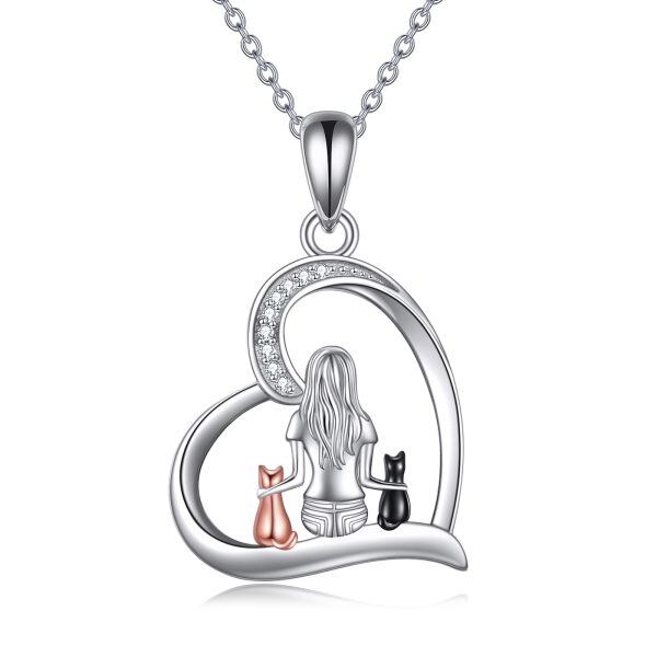 Sterling Silver Cat Heart Pendant Necklaces-0