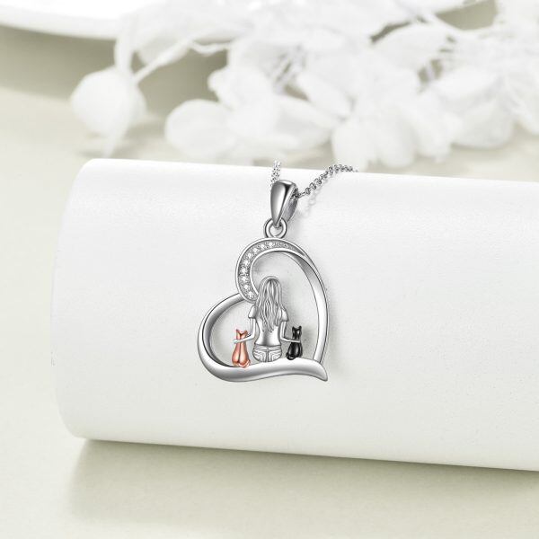 Sterling Silver Cat Heart Pendant Necklaces-2