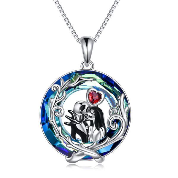 Sterling Silver Zombie Lovers Heart Pendant Necklace With Blue Crystal-0