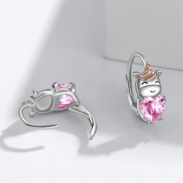 Sterling Silver Unicorn Pink Heart Hoop Earrings-2