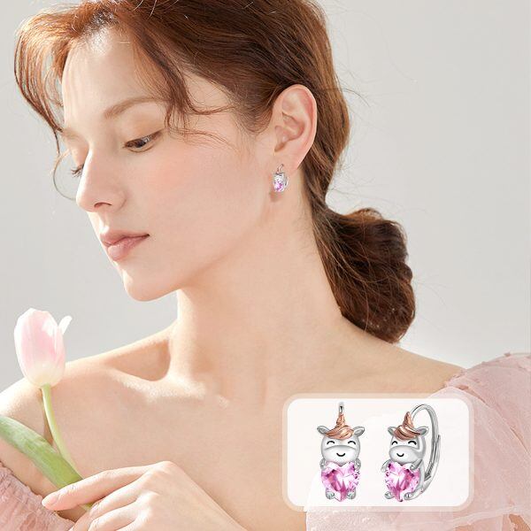 Sterling Silver Unicorn Pink Heart Hoop Earrings-3