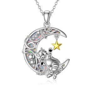 Sterling Silver Cat Opal Moon And Star Pendant Necklace-0