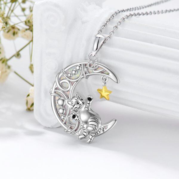 Sterling Silver Cat Opal Moon And Star Pendant Necklace-4