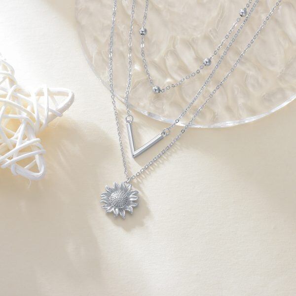 Sterling Silver Sunflower Layered Necklace-4