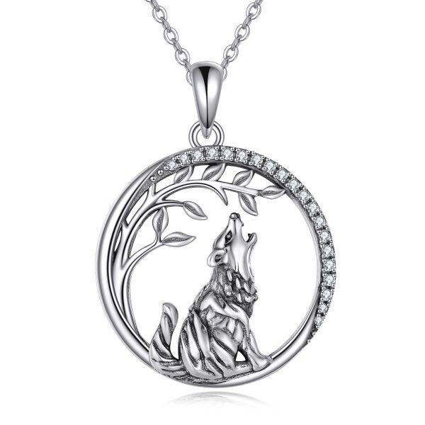 Sterling Silver Tree of Life And Wolf Pendant Necklace-0