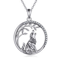 wholesale 925 Sterling Silver Round Life Tree Pendant Necklace w/ Howling Wolf Design Fine s for Women & Girls- Oxidized/Oxidised