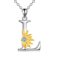 wholesale 925 Sterling Silver Flower Initial L Necklace for Women Girls Alphabet - Rhodium And Gold Plated
