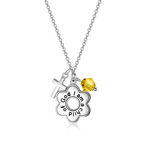 Sterling Silver "I Am a Child of God" Flower Pendant Necklaces With Crystal-0