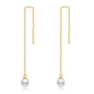 14K Soild Gold Tassel Drop Threader Earrings With Freshwater Pearl-0