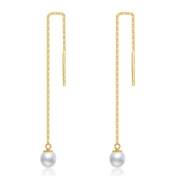 14K Soild Gold Tassel Drop Threader Earrings With Freshwater Pearl-0