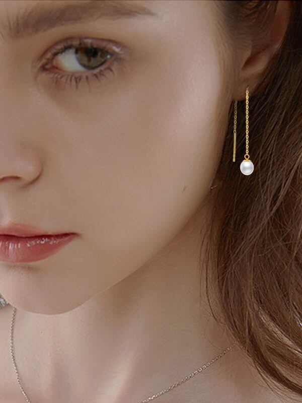 14K Soild Gold Tassel Drop Threader Earrings With Freshwater Pearl-3