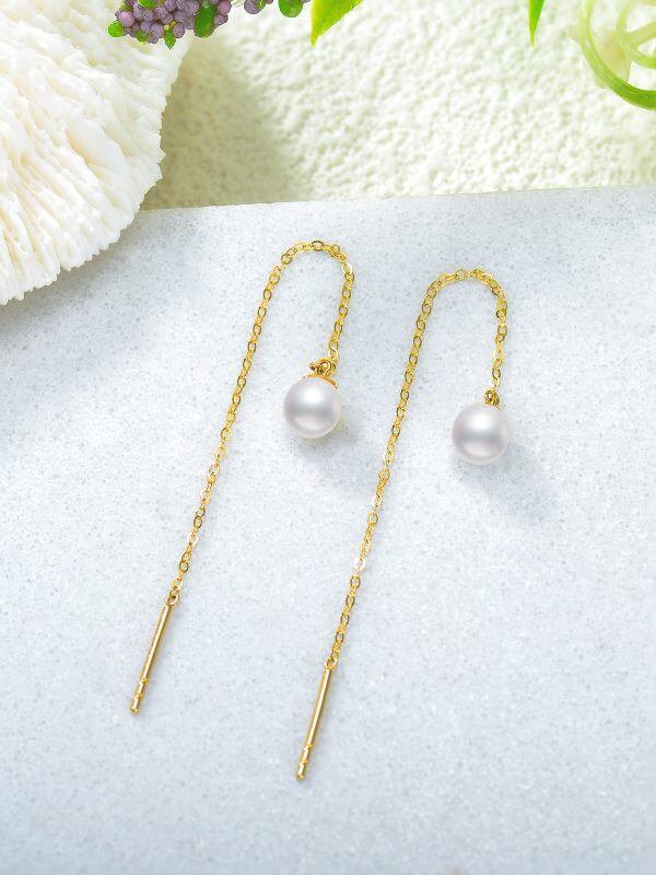 14K Soild Gold Tassel Drop Threader Earrings With Freshwater Pearl-5